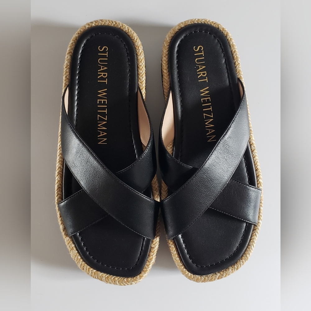 Stuart Weitzman Roza Lift Slide Black Leather Size 7 B